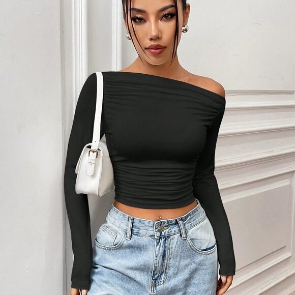 . Tops - Black Casual Women's Asymmetrical Collar Pleated Long Sleeve T-Shirt